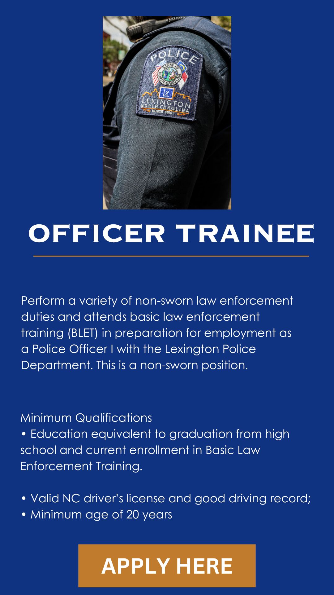 An image with a job description for the Lexington Police Department Officer Trainee position